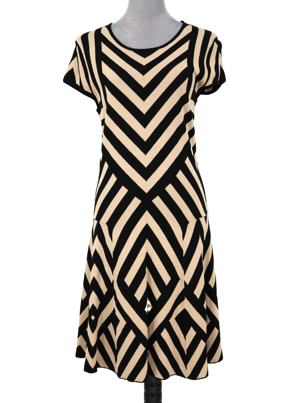 Beige by Eci Sweater Dress Womens Large Beige Black Chevron Knit Drop Waist